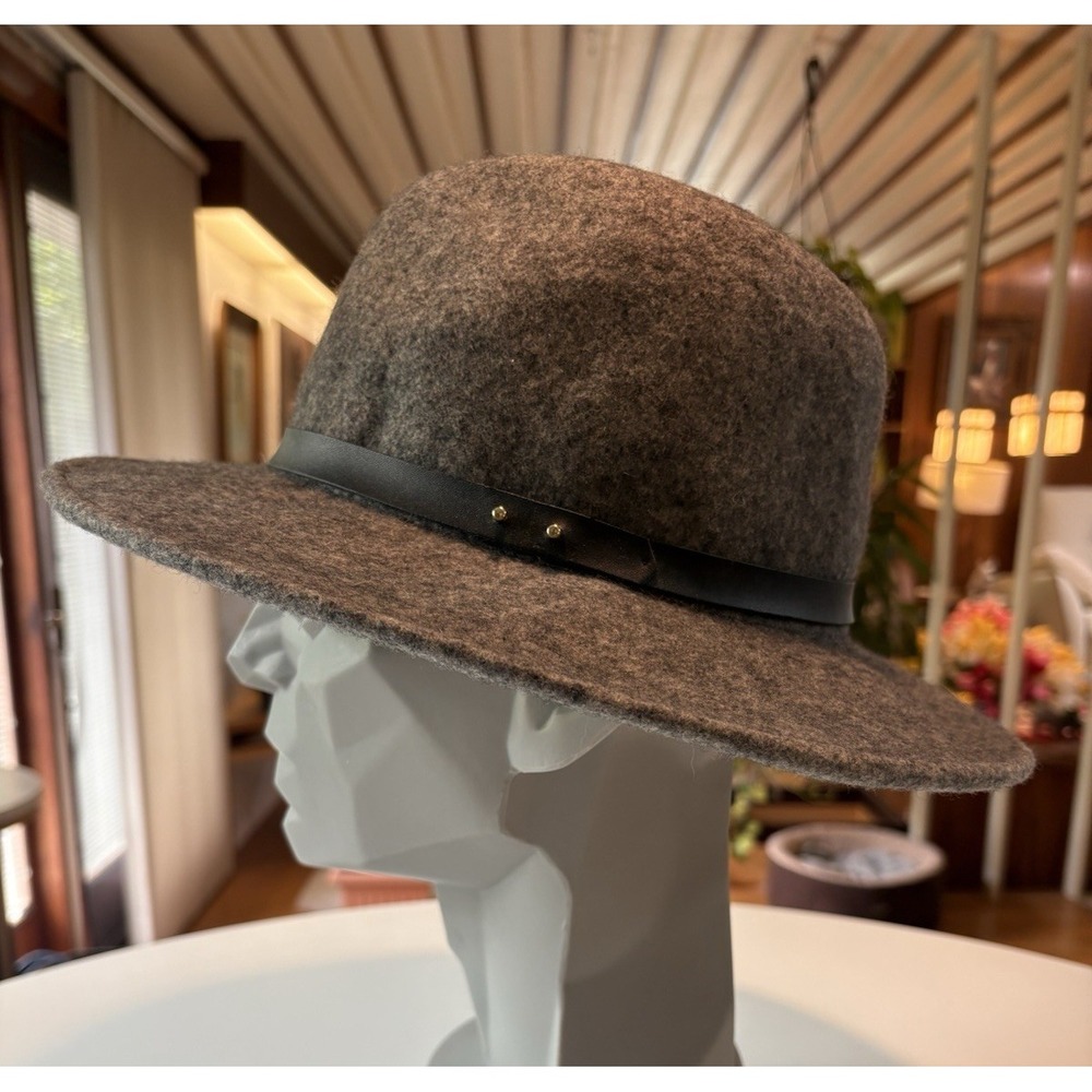 Lucky Brand Wool Felt Fedora Hat Gray Wide Brim Leather Band Unisex Size M - Picture 2 of 5